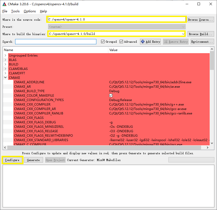 Windows10 64环境下用Qt5.12.12自带的mingw730_64构建编译OpenCV4.1.0时cmake-3.20.6中的参数配置